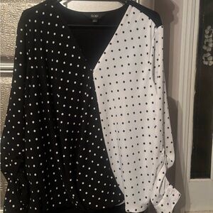 Investments Black and White Puff Sleeve Blouse with Asymmetrical Design